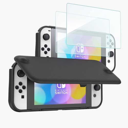 ProCase Flip Cover for Nintendo Switch OLED Model 2021 with 2 Screen Protectors, Switch OLED Protective Case with Magnetically Detachable Front Shell -Black 
